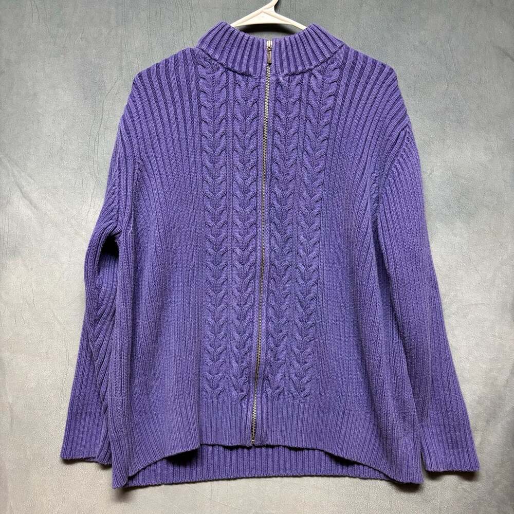 Land’s End Full Zip Cable Knit Fisherman Sweater Purple